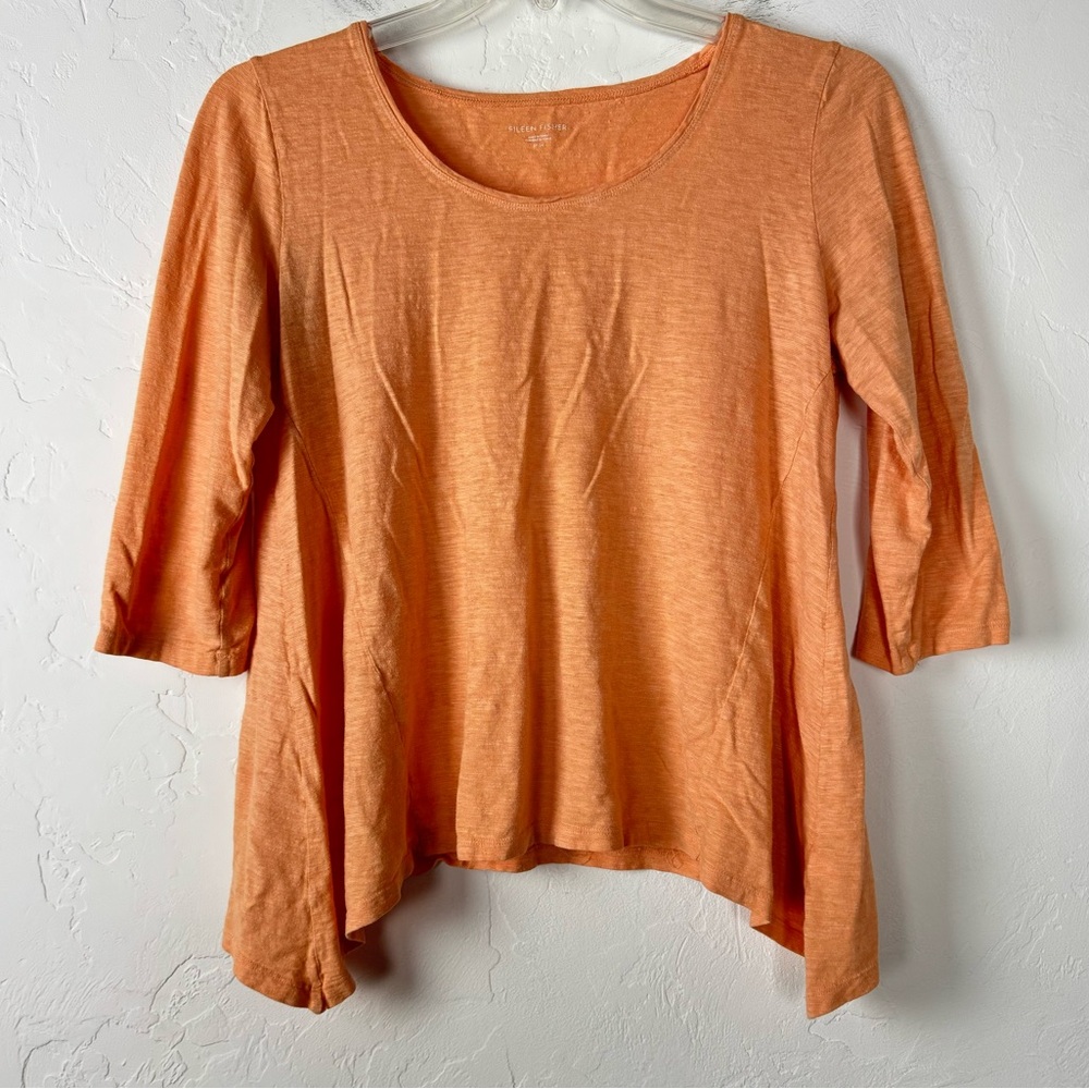 Eileen Fisher Shirt Knit Top Tee Orange Light Solid Scoop Neck 3/4 Sleeve Hemp‎